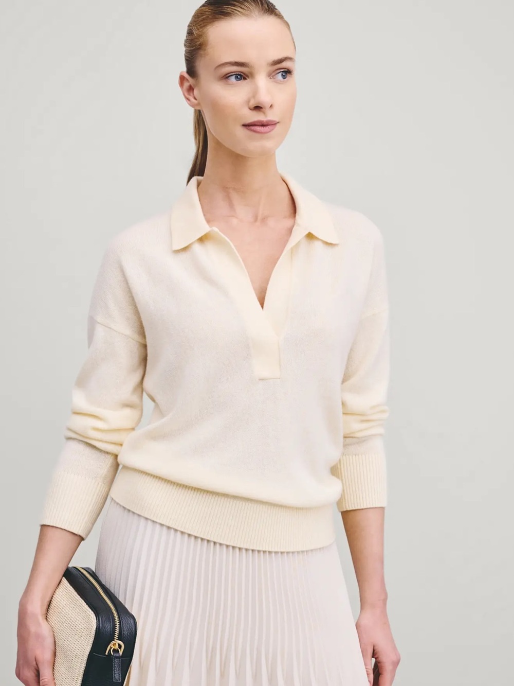 Quince Women’s 100% Mongolian Cashmere Polo Sweater in ivory in size large